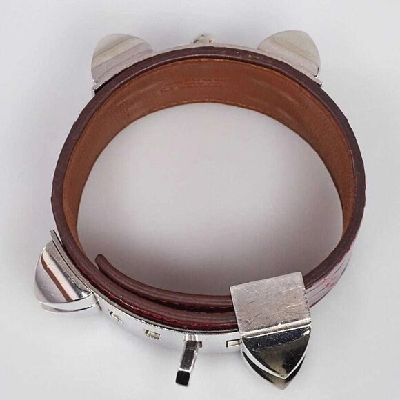 Hermes Rouge Vif Shiny Lisse Alligator Palladium Plated Collier de Chien - Picture 4 of 8